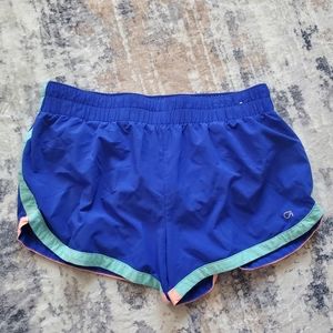 GAPFIT medium athletic shorts blue with multi pastel trim, lined euc